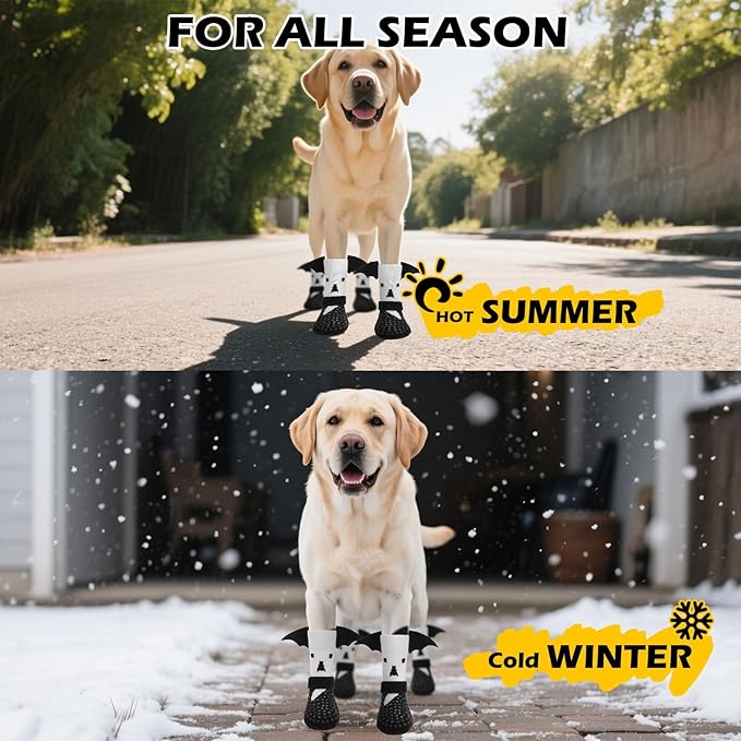 EXPAWLORER Halloween Anti Slip Dog Socks to Prevent Licking Paws, Boots & Paw Protectors with Grippers,Doggie Booties for Hardwood Floors for Small Medium Large Senior Dogs Costume White Ghost Wings M