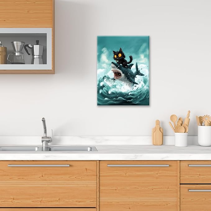 Funny Black Cat Bathroom Wall Art Cute Cat Riding Shark Canvas Wall Decor Animal Kitten Pictures Painting Print Artwork Framed Decorations Gifts for Cat Lover Kids Room Bedroom 12"x16"