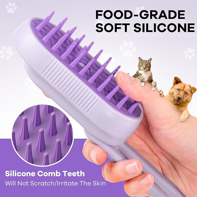 Cat Steam Brush for Shedding, 4 in 1 Rechargeable Steam Brush for Cats and Dogs, Anti-Static, Massage, Cleaning, Shedding & Combing All In One! (purple)