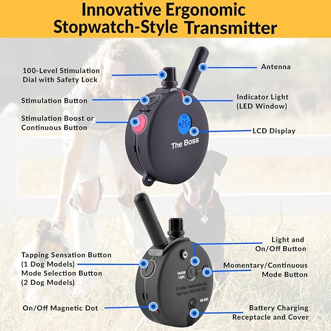 Educator E-Collar Humane Dog Training Collar with Remote, 100 Safe Tapping Stimulation Levels, Night Light, Waterproof, Rechargeable, 1 Mile 2 Large Dogs, Black