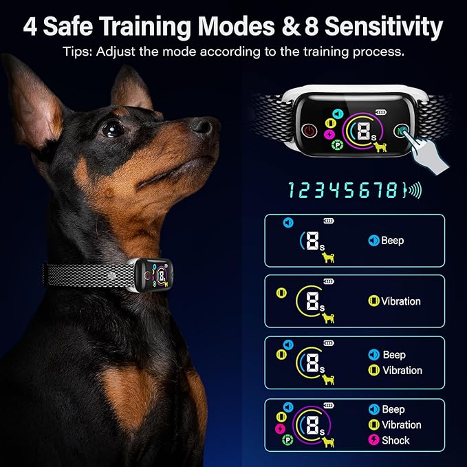 Dog Bark Collar for Large Medium Small Dogs, Rechargeable Bark Collar, Anti Barking Training Collarwith 8 Sensitivity Levels, Beep/Vibration Modes, Auto Correction for Dogs, IP67 Waterproof