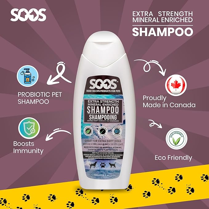 Soos Pet Shampoo Extra Strength Cat and Dog Shampoo Natural Dead Sea Minerals Fast Absorbing - 1x Bottle (500ml)