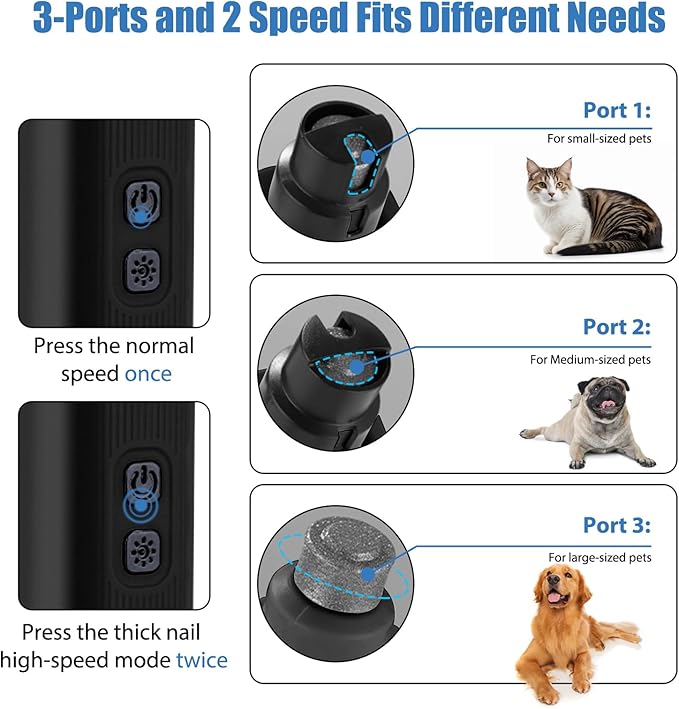 Dog Nail Grinder - 2 Speed Super Quiet and Low Vibration Electric Pet Nail Grinder - Rechargeable Dog Nail Trimmers for Small Dogs- Cat Nail Claw Clippers with 2 Level LED Lighting（Black）