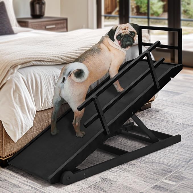 Dog Ramp for Bed, Adjustable Pet Ramps for Dog to Get on Bed, Non-Slip Rubber Surface - Folding Wooden Dog Ramp for Small/Large/Old Dogs, Adjustable up to 27.5 inch High Beds, Safety Railings