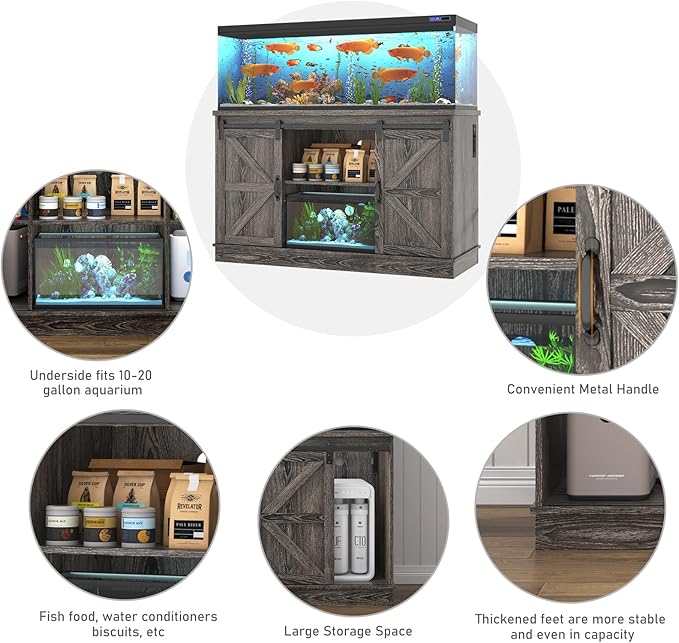 Farmhouse 55-75 Gallon Fish Tank Stand with Power Outlet, Aquarium Stand with Cabinet&Sliding Barn Door, Heavy Duty Reptile Tank Stand for 2 Fish Tank/Turtle Tank/Reptile Terrarium, Grey