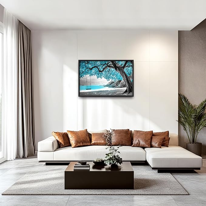 Extra Large Framed Abstract Tree Wall Art,Black and White Tree of Life Wall Decor,Blue Teal Sea Pictures for Living Room,Canvas Print Painting Modern Artwork Bedroom Office Bathroom 36L x 24W