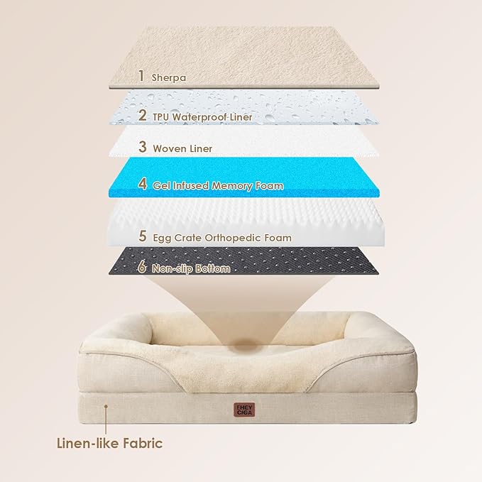 EHEYCIGA Memory Foam XXL Dog Bed for XLarge Sized, Extra Large Orthopedic Dog Sofa with Sides and Waterproof Liner, Washable Bolster Pet Couch with Removable Cover, 52x41x8 Inch, Beige
