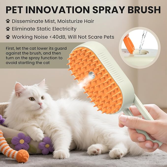 Cat Steam Brush for Shedding, Pet Steam Brush for Cats and Dog, 4 in 1 Rechargeable Cat Hair Brush, Spray Anti-Static, Massage, Cleaning, Shedding & Combing All In One, for Long & Short Haired Pets!