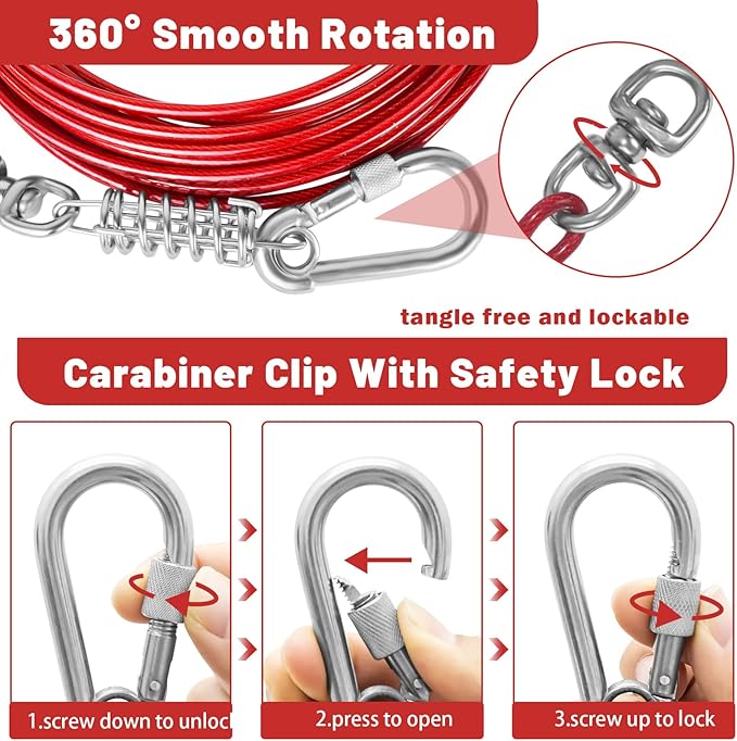 Dog Tie Out Cable 10/15/20/25/30FT Dog Run Cable Rosy Pink/Blue/Purple/Silver/Red/Green/YellowTie Out Cable for Large Dogs Heavy Duty for Outside Hold Large Dogs Up to 250LBS