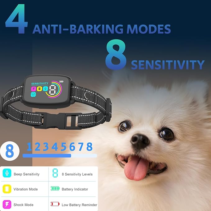 Bark Collar for Large Dogs, Anti Bark Collar for Medium Dogs, Smart Bark Collar, Rechargeable Training Collar IP67 Waterproof, 8 Adjustable Sensitivity Beep Vibration