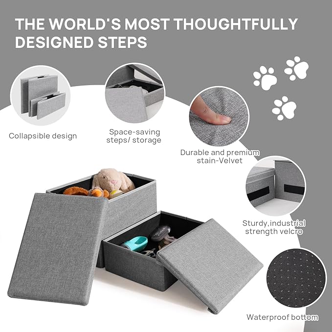 Foldable Dog Stairs/Steps 2-Tier Pet Steps Storage and Adjustable Steps for Small Medium Dogs Pet Steps Storage Stepper for High Beds Sofa Pet Dog Cat (2 Step-Light Grey)