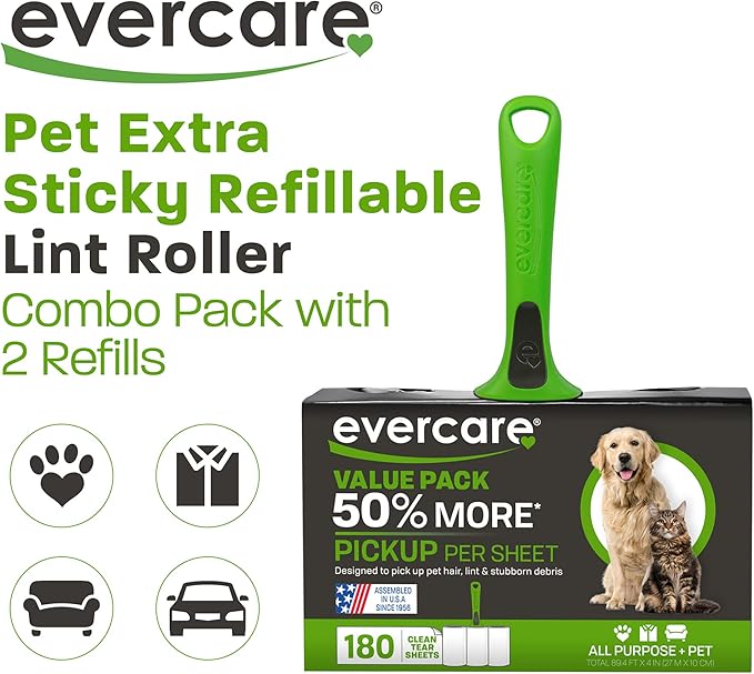 Evercare All Purpose Pet Hair Lint Roller with 2 Refills, 180 Total Sheets – Reusable Sticky Roller for Pet Hair, Cat & Dog Hair Remover, Lint Remover, Pet Hair Remover for Furniture, Clothing & Cars