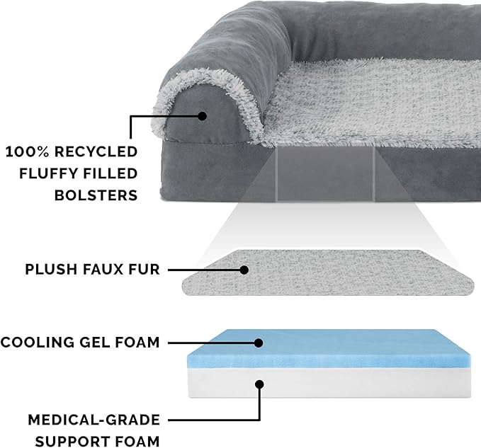 Furhaven Cooling Gel Dog Bed for Medium/Small Dogs w/ Removable Bolsters & Washable Cover, For Dogs Up to 35 lbs - Two-Tone Plush Faux Fur & Suede L Shaped Chaise - Stone Gray, Medium