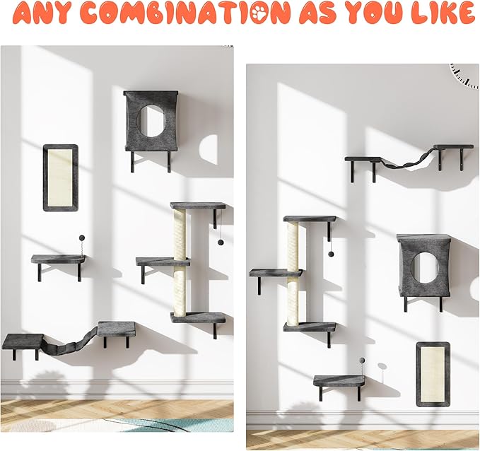 NUNU LAB Cat Wall Shelves Set, 5 Pcs Wall-Mounted Cat Climber with Cat House, Bridge, Scratching Post, Hammock, Wall Shelves, Gray