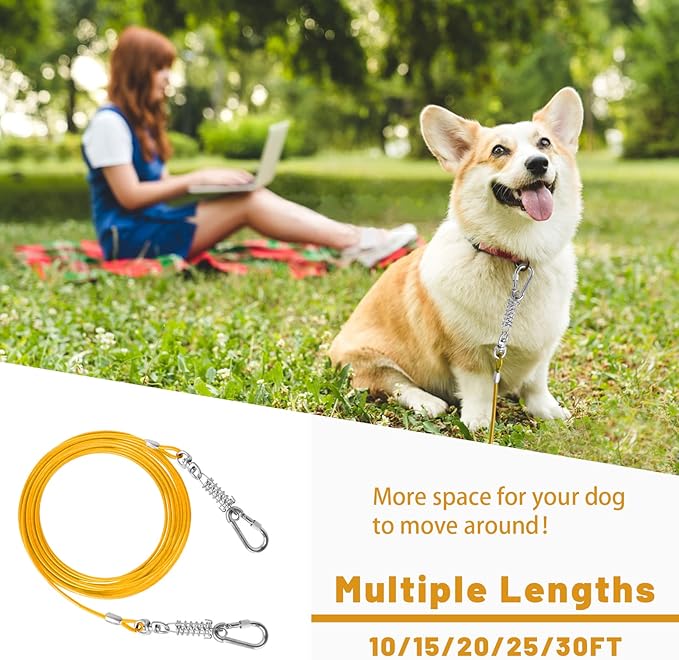 Dog Tie Out Cable 10/15/20/25/30FT Dog Run Cable Rosy Pink/Blue/Purple/Silver/Red/Green/YellowTie Out Cable for Large Dogs Heavy Duty for Outside Hold Large Dogs Up to 250LBS