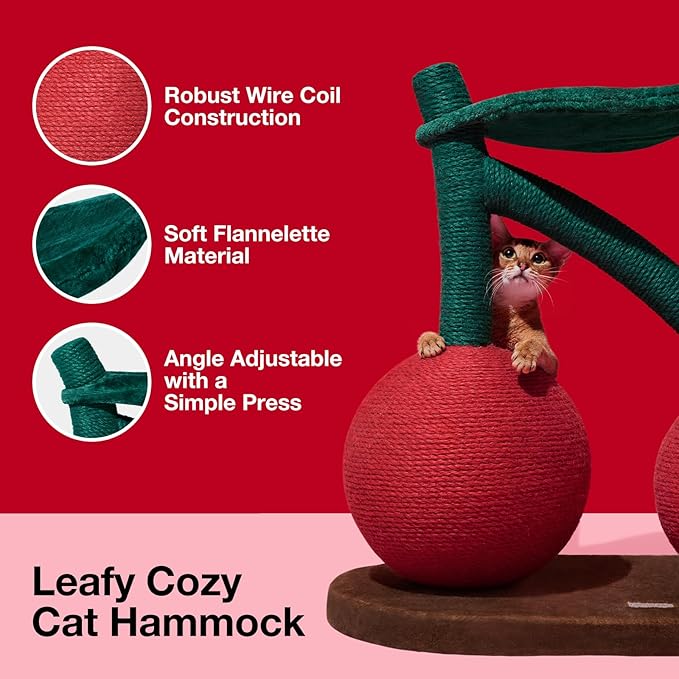 VETRESKA Cat Scratching Post, Large Cherry Cat Scratcher with Hammock, Tall Cat Scratch Interactive Toy with Natural Sisal Rope for Indoor Cats, Kittens