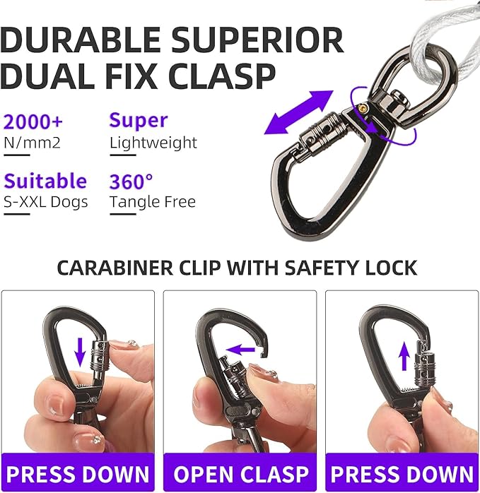 Dog tie Out Cable, 10/20/25/30/50/70/100 feet, Suitable for Dogs up to 350 pounds, Dog Cable with Swivel Buckle, Lightweight, Non-Winding, for Outdoor Camping, Yard Dog Cable (White, 10FT)