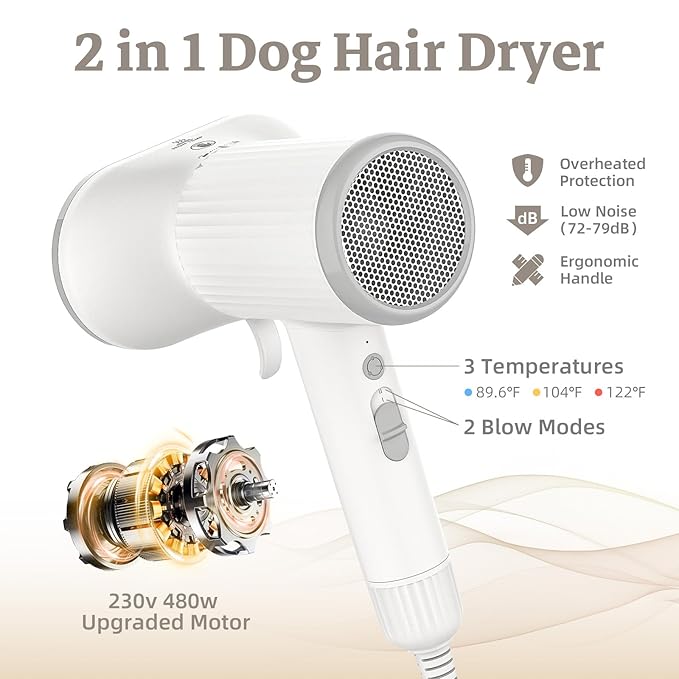 Dog Hair Dryer, Professional 2-in-1 Pet Hair Dryer & Grooming Brush with Removable Comb, Adjustable Temperature/Speed, Portable Dryer for Dogs and Cats