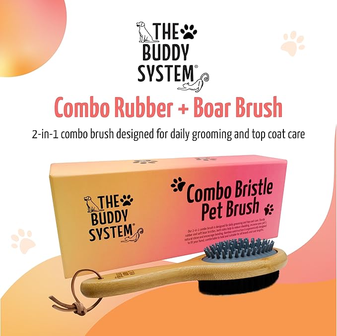 The Buddy System Combo Bristle Pet Brush, 2-in-1 Brush, Durable Rubber Side and Soft Boar Bristle Side - All Pets and Coat Lengths - Top Coat Massage for Cats & Dogs - 1 Pack