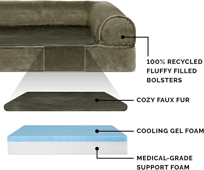 Furhaven Cooling Gel Dog Bed for Large/Medium Dogs w/ Removable Bolsters & Washable Cover, For Dogs Up to 55 lbs - Faux Fur & Velvet Sofa - Dark Sage, Large