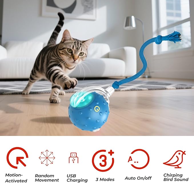 Interactive Cat Toys Ball - 2025 New Gen with Smart Obstacle Avoidance,Bird Chirps & Auto Wake-Up,Includes 1 Speedy Tail 2.0 Ropes, Ideal Kitten Toys for Bored Indoor Cats (Blue)