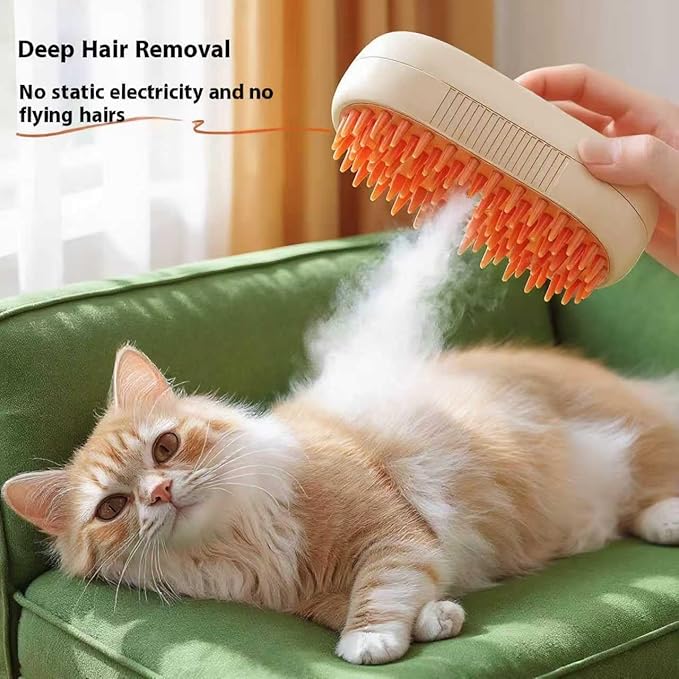 CealumVita Deshedding Glove and Cat Steam Brush Set, Pet Hair Removal Tool with Massage for Dogs and Cats Grooming (Beige spray cmb+gloves-1pair)