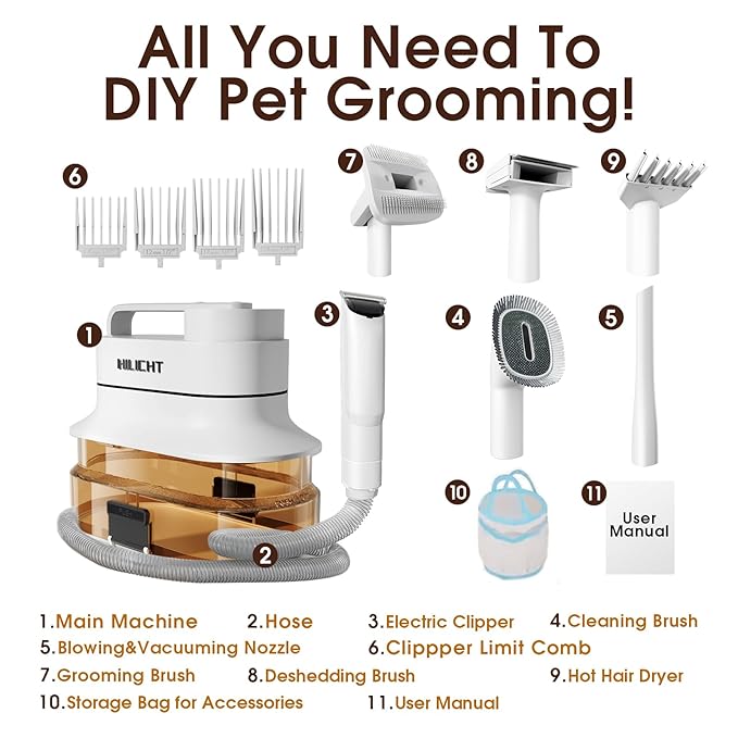 Dog Grooming Kit, Dog Hair Vacuum with Nail Clipper and 4L Dust Cup, 6 Pet Grooming Tools, Silent Pet Vacuum for Cats, Dogs and Other Animals