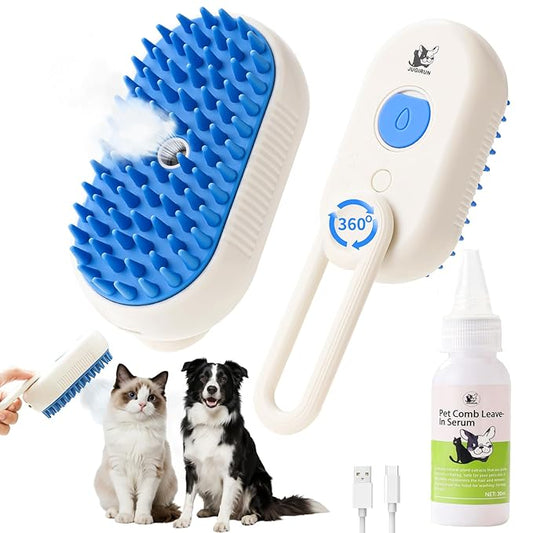 Cat Steam Brush for Shedding,4 in 1 Grooming Brush for Cats and Dogs,Deshedding,Massage,Cleaning & Anti-Static All In One,Suitable for Long & Short Haired Pets,Includes Waterless Shampoo,Blue