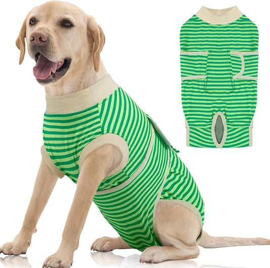 FUAMEY Dog Recovery Suit Male,Dogs Surgery Neuter Suits Puppy Spay Shirts for Female Protect Dog's Skin Anti Licking Abdominal Wounds Doggie Onesie Pet Bodysuit Alternative to Cone Green Stripes XL
