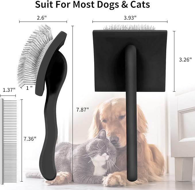 Slicker Brush for Dogs, Long Pin Dog Grooming Brush for Goldendoodles, Poodles, Doodles, Includes Pet Comb & Undercoat Rake, Perfect for De-Shedding, Dematting & Reducing Tangles. Large, Black