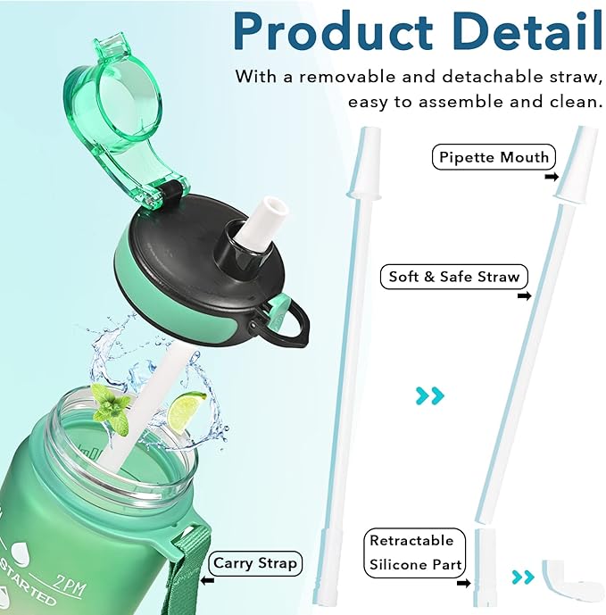 Enerbone Water Bottle, Leakproof BPA & Toxic Free, Motivational Water Bottle with Times to Drink and Straw, Fitness Sports Water Bottle with Strap for Office, Gym, Outdoor Sports