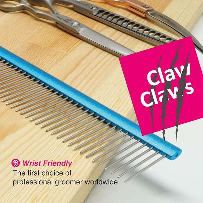 Greyhound Comb with Oval Handle for Dogs and Cats, Removing and Shedding Matted, Tangled Hair, Metal Comb with Stainless Steel Pins, Detangling Grooming Tool (9.8" Blue-20% fine pins)