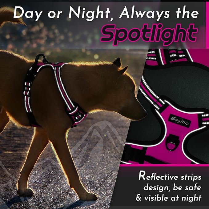 Eagloo Dog Harness for Large Dogs, No Pull Service Vest with Reflective Strips and Control Handle, Adjustable and Comfortable for Easy Walking, No Choke Pet Harness with 2 Metal Rings, Rose Red, L