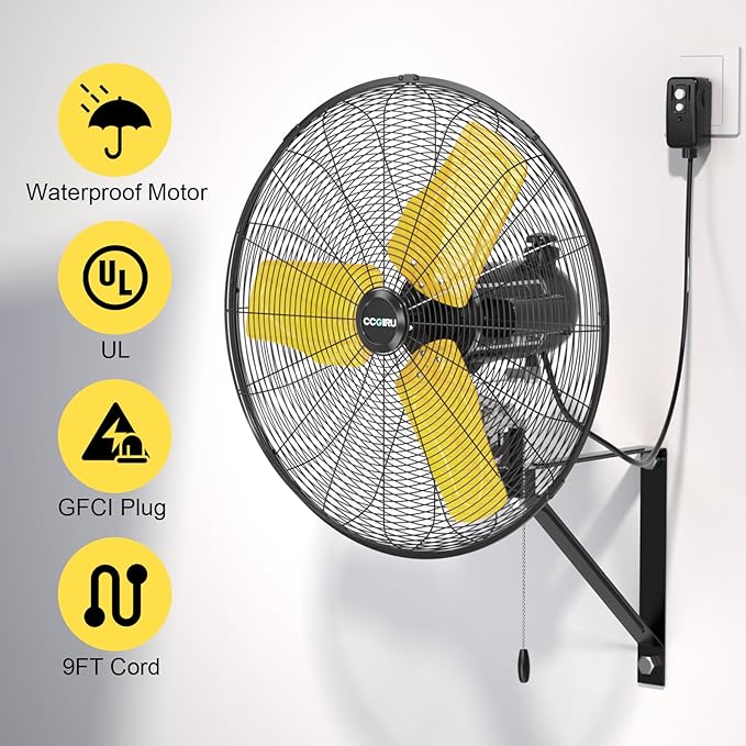 9000 CFM 24" Outdoor Oscillating Wall Fan, High Velocity 3-Speed Waterproof Professional Outdoor Fan, Heavy Duty Industrial Wall Mount Fans for Patio, Commercial, Garage, Warehouse, UL Listed