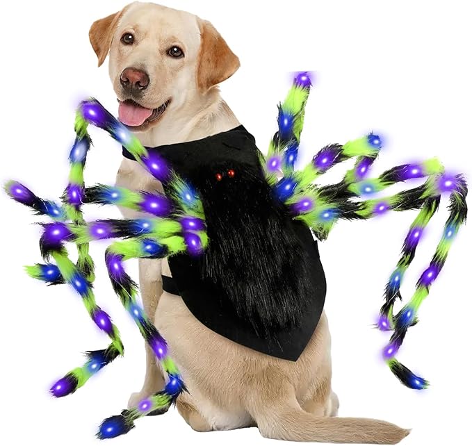 Dog Halloween Costumes, Furry Dog Spider Costume with 64 LED, Giant Spider Halloween Costume for Medium Large Dogs, Funny Dogs Costumes for Cat Pet Halloween Party Cosplay (Green)