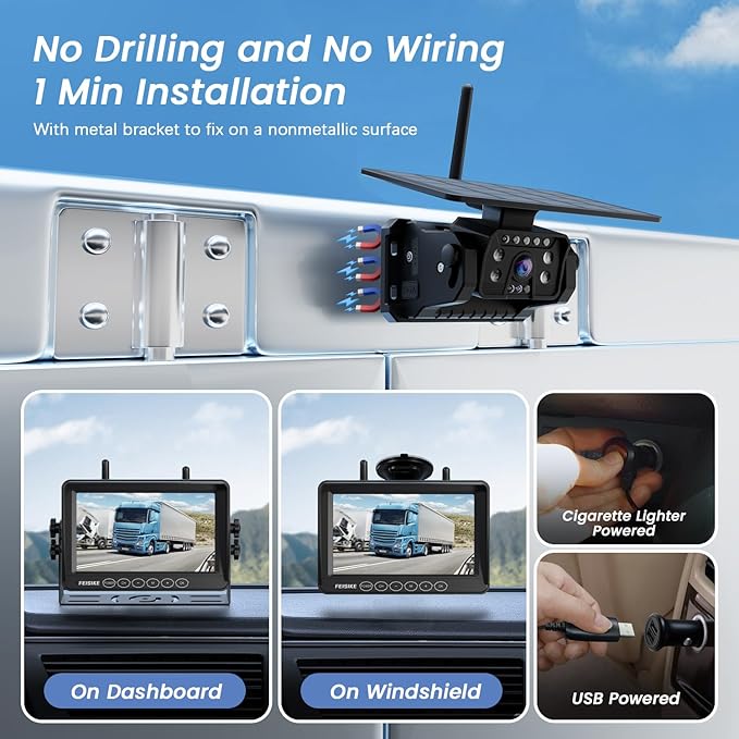 Dual Magnetic Solar Wireless Backup Camera for RV Truck Trailer – 7" 1080P Monitor with Recording, 1-Min Install, No Delay, Wide View, IR Night Vision, 4 Channels, Auto-Sleep Rechargeable