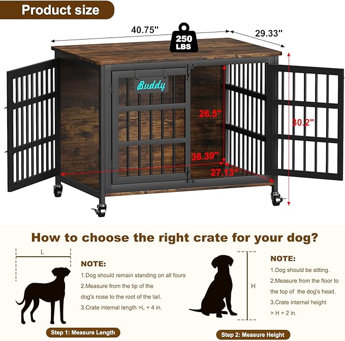 EasyCom 41"/33"/27" Dog Crate Furniture with Name Tag, Heavy Duty Dog Kennel Indoor for Medium Dogs, Double-Doors Sturdy Metal Dog Cage for Anxiety Dog, Decorate House as TV Stand, End Table