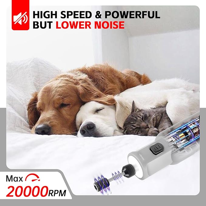 Dog Nail Grinder - Rechargeable Pet Nail Grinder, Electric Upgraded 5 Speed w LED Lights Cordless Dog Nail Trimmer Kit, 40 Accessories Pet Dog Claw Care Kit for Dogs Cats and Small Medium Animals Grey