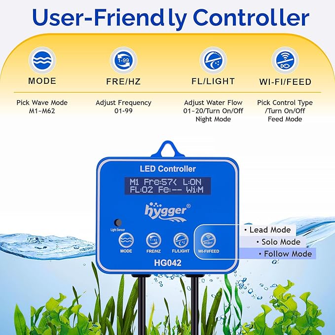 hygger Freshwater Saltwater Aquarium Wave Maker with Controller, Adjustable Flow Magnetic DC 24V Powerhead Circulation Pump 6 Wave Modes for 75-220 Gallon Coral Reef Tank 3400gph