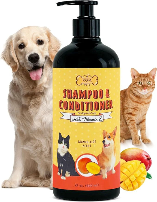 POM Pets 2-in-1 Organic Dog Shampoo & Conditioner – Itchy Skin Relief, Dog Deshedding, Detangles Fur, Cat Shampoo, Paw Cleaner for Dogs, Natural Coat Defense Formula