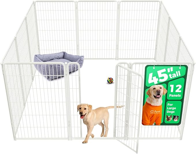 FXW Homeplus Unleashed Indoor Dog Playpen - Stress-Free and Safe Play, Heavy Duty 45 Inch 12 Wire Panels Dog Pen for Large Dogs, White│Patented