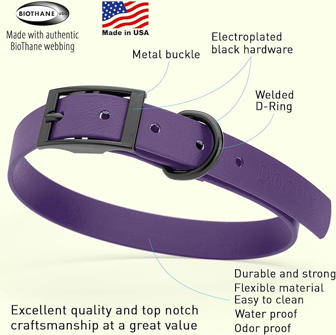 Dogline Biothane Waterproof Dog Collar Strong Coated Nylon Webbing with Black Hardware Odor- Proof for Easy Care Easy to Clean High Performance Fits Small Medium or Large Dogs, Violet Purple