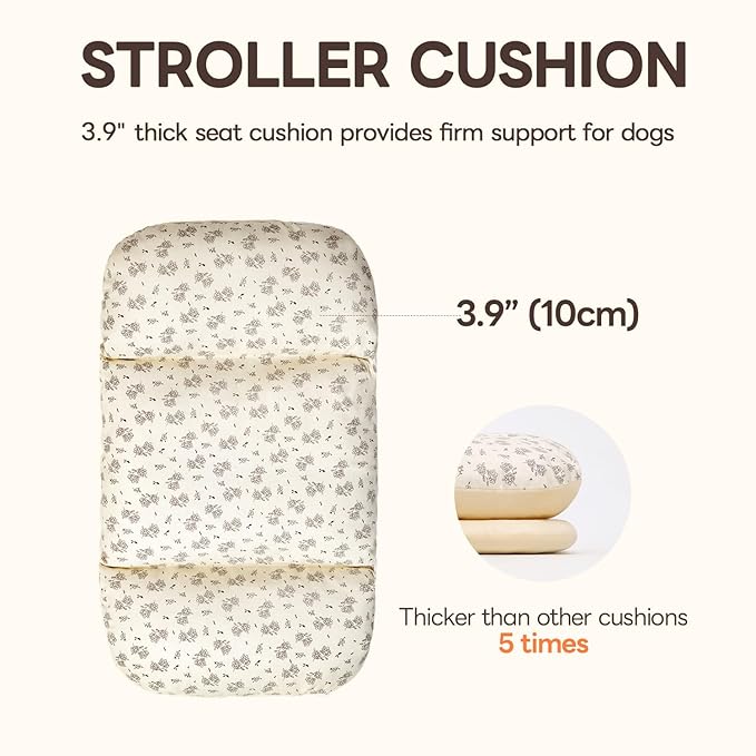 Dog Stroller Cushion & Mat, Pet Stroller Cushion for Dogs & Cats, 5-Level Waterproof & Removable Inner Core, Dog-Ergonomic 3-Zone Support, 4-inch Thickness (Flower Set)