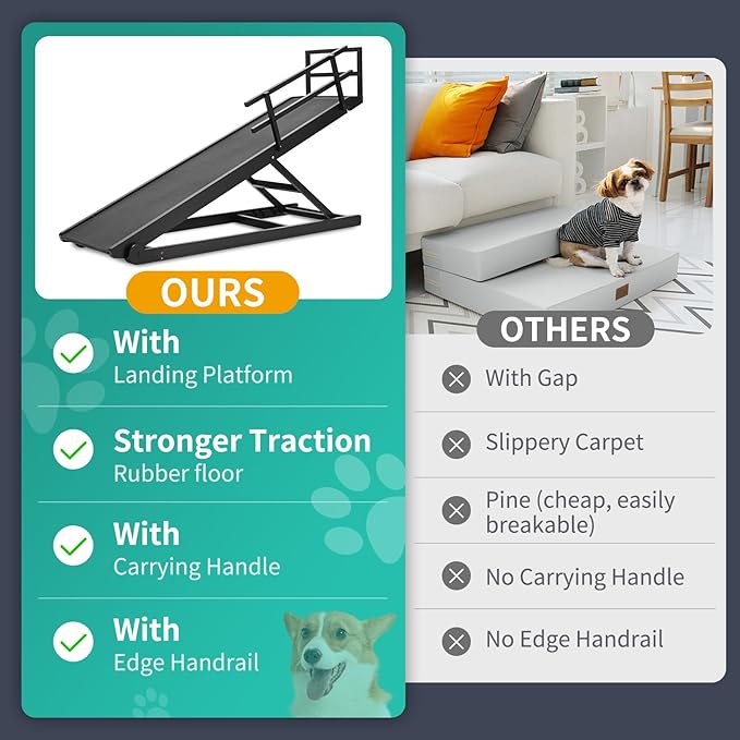 Dog Ramp, 5 Level Adjustable Wooden Folding Pet Ramp for Middle Bed, Couch,SUV-High Traction, Portable Paw Ramps for Small & Large Old Dogs & Cats - Furniture Quality