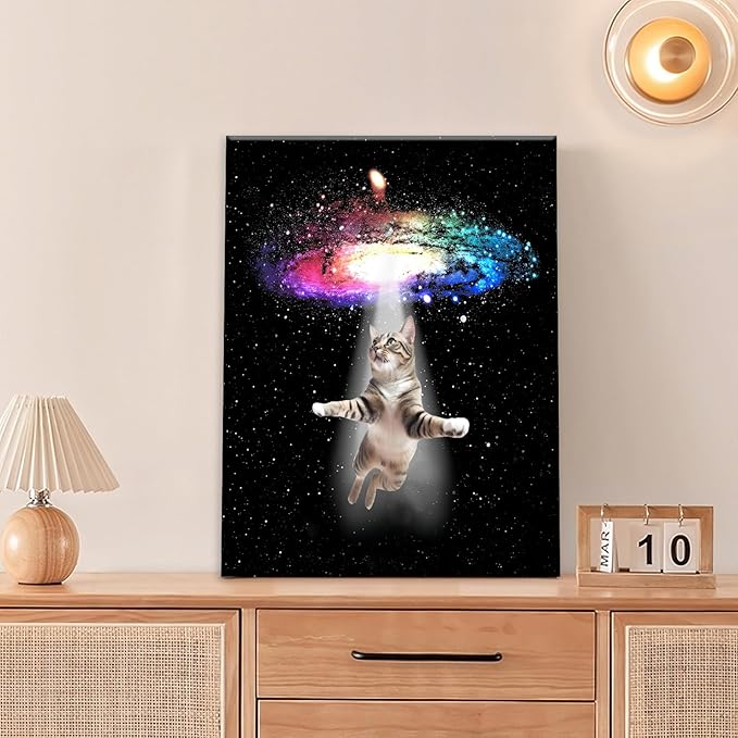 Funny Cat Wall Art Canvas Galaxy Wall Decor Prints Framed Painting Animal Pictures Gifts Artwork for Bathroom Living Dining Kitchen 16"x20"