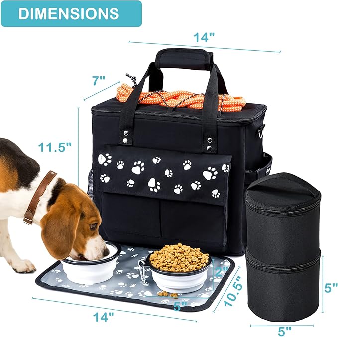 Dog Travel Bag, Airline Approved Dogs Bags for Traveling, 2 Dog 's Food Travel Container and Collapsible Bowls, Weekend Pet Travel Bags