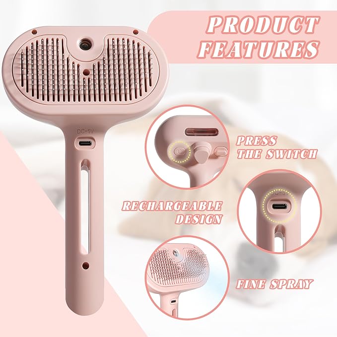 Self-Cleaning Spray Cat Brush for Shedding, Removes Static Flying Hair, and Works Wonders for Both Long and Short-Haired Pets 2 In 1 Cleaning Brush for Cats And Dogs Grooming (pink)