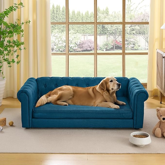 Dog Sofa Couch for Medium to Large Dogs, 55" Memory Foam Pet Sofa Couch with Washable Fabric, Durable Elevated Dog Bed with Legs, Removable Cushion for Medium and Large Dogs, Blue