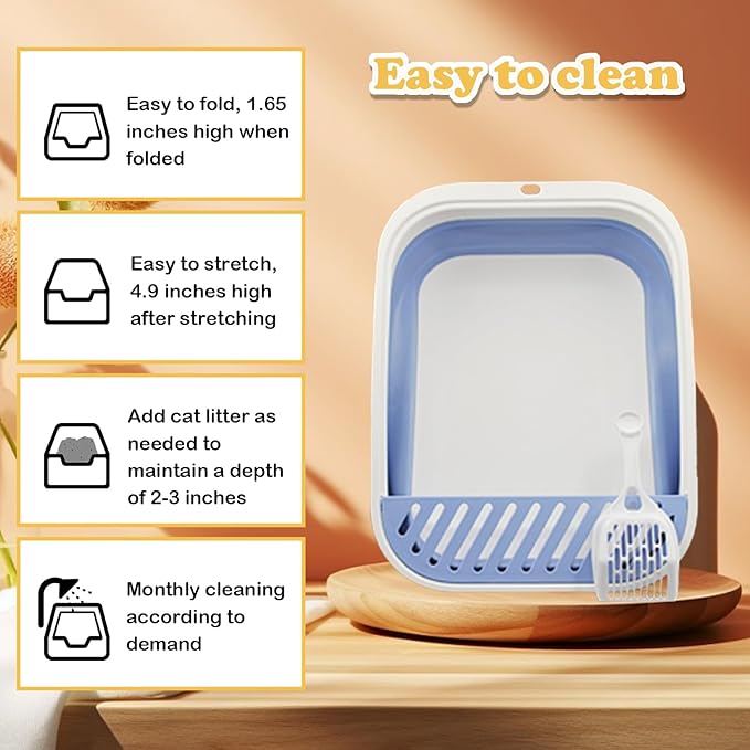 Foldable Kitty Litter Box Open Potty Pan Cat Toilet Portable Cats Litter Box Travel Litter with Scoop Waterproof Low Entrance for Kitten and Cat Toilet Easy Clean 17.7"×13.4"x4.9"(Blue)