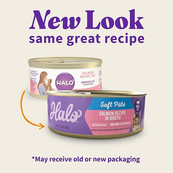 Halo Wet Cat Food Whole Salmon Stew Recipe, Grain Free Wet Cat Pate, Canned Cat Food for Extra Hydration, 5.5 Oz Can (Pack of 12)